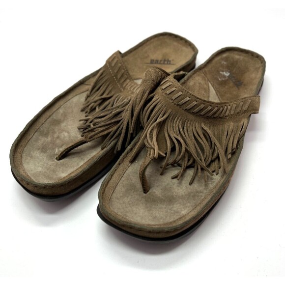 Kalso Earth Nature Brown Suede Fringe Thong Sandals Women's Size 11 Men's 9 - Picture 1 of 11